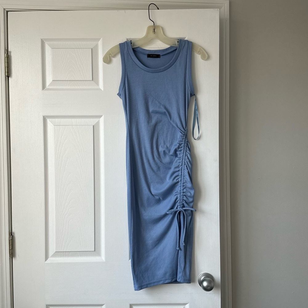 Blue Midi Bodycon Dress with Ruched Tie Side